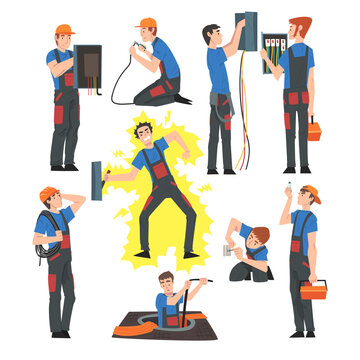 Male Electrical Engineers Repairing and Operating Electrical Equipment, Electricity Maintenance Service Workers Characters in Uniform and Cap Cartoon Style Vector Illustration