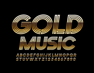 Vector chic Emblem Gold Music. Stylish Font. Artistic Alphabet Letters and Numbers