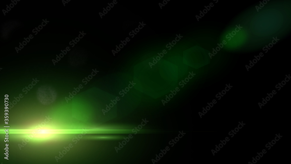 Wall mural green lens flare effect overlay texture with hexagonal bokeh effect in front of a black background