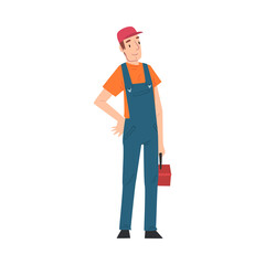 Male Electrician Engineer with Toolbox, Professional Worker Character in Uniform Repairing Electrical Equipment Cartoon Style Vector Illustration