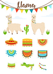 Vector set of cute alpaca and llama witn cactuses, saddlery, sombrero hat and clouds. Cartoon llama character illustration elements for poster, greeting, birthday card. Beautiful illustration of alpac