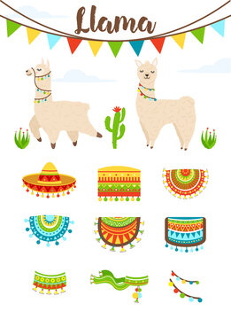 Vector set of cute alpaca and llama witn cactuses, saddlery, sombrero hat and clouds. Cartoon llama character illustration elements for poster, greeting, birthday card. Beautiful illustration of alpac