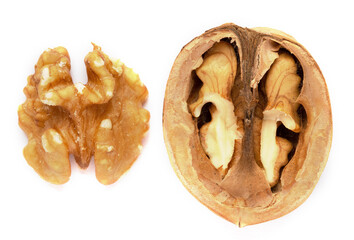Shelled walnuts on a white background