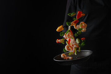 Cooking seafood, shrimp with vegetables, for vegetarians, restaurant business, recipe book, gastronomy and cooking, Banner