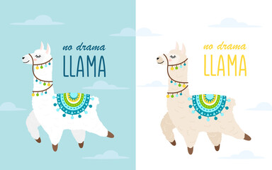 Vector Illustration of cute cartoon llama and alpaca with clouds. Childish print for fabric, t-shirt, poster, cards, invitations, cases, patch and stickers. Llama isolated on blue background.