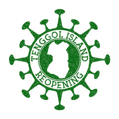 Tenggol Island Reopening Stamp. Green round badge of island with map of Tenggol Island. Island opening after lockdown. Vector illustration.
