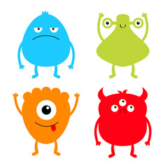 Monster colorful silhouette set. Happy Halloween. Cute cartoon kawaii sad character icon. Eyes, horns, hands up, tongue. Funny baby collection. White background. Isolated. Flat design.