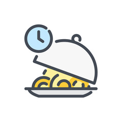 Cooking Time color line icon. Plate with Food and Clock vector outline colorful sign.