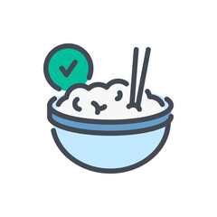 Food is Ready color line icon. Bowl with a Chopstick and a Checkmark vector outline colorful sign.