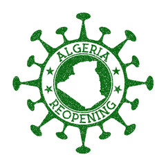 Algeria Reopening Stamp. Green round badge of country with map of Algeria. Country opening after lockdown. Vector illustration.