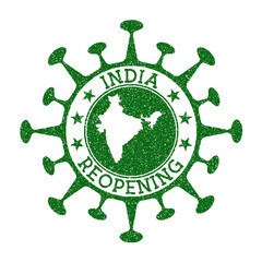 India Reopening Stamp. Green round badge of country with map of India. Country opening after lockdown. Vector illustration.