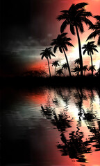 Obraz na płótnie Canvas Empty tropical background of night sea beach. Silhouettes of tropical palm trees on a background of bright sunset. 3d illustration