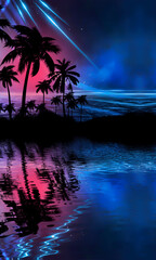 Fototapeta na wymiar Empty tropical background of night sea beach. Silhouettes of tropical palm trees on a background of bright sunset. 3d illustration
