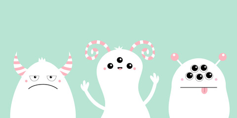 Monster black silhouette set line. Happy Halloween. Cute cartoon kawaii sad character icon. Funny baby collection. Eyes, striped horns.Greeting card. Isolated. Blue background. Flat design.