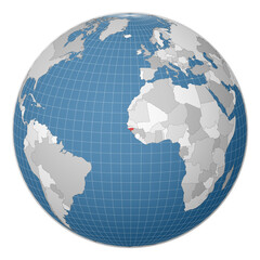 Globe centered to Guinea-Bissau. Country highlighted with green color on world map. Satellite world projection. Modern vector illustration.