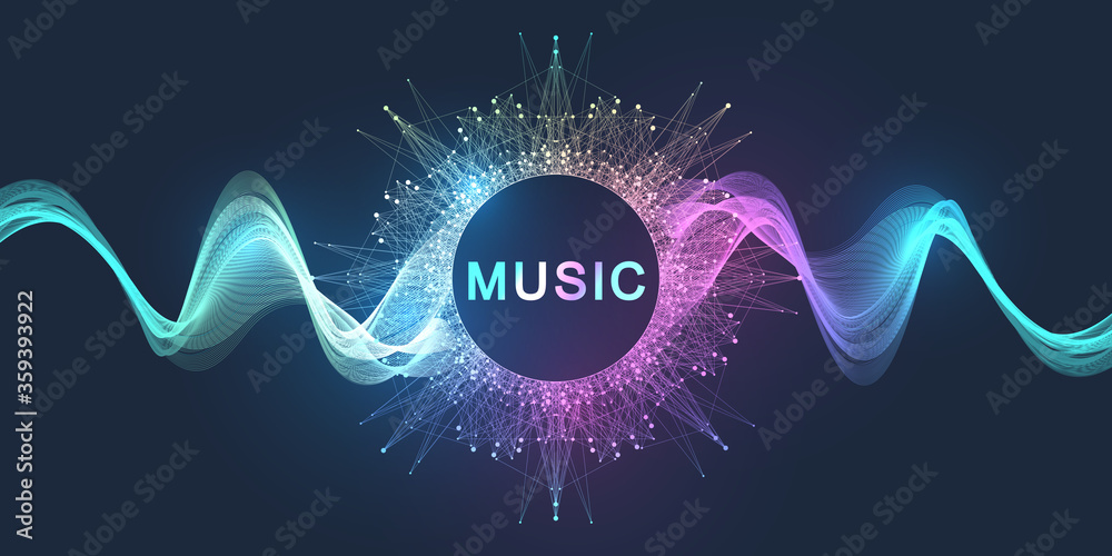 Aufkleber Abstract motion sound wave lines and dots dynamic vector background. Spiral pulse sound wave rhythm. Music wave poster design.