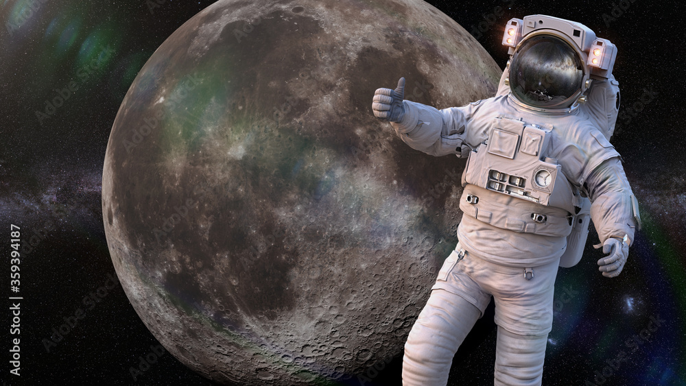 Wall mural astronaut showing thumbs up in orbit of the moon
