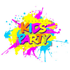 Kids Party emblem  with colorful paint splashes with for children playground for play and fun on white background