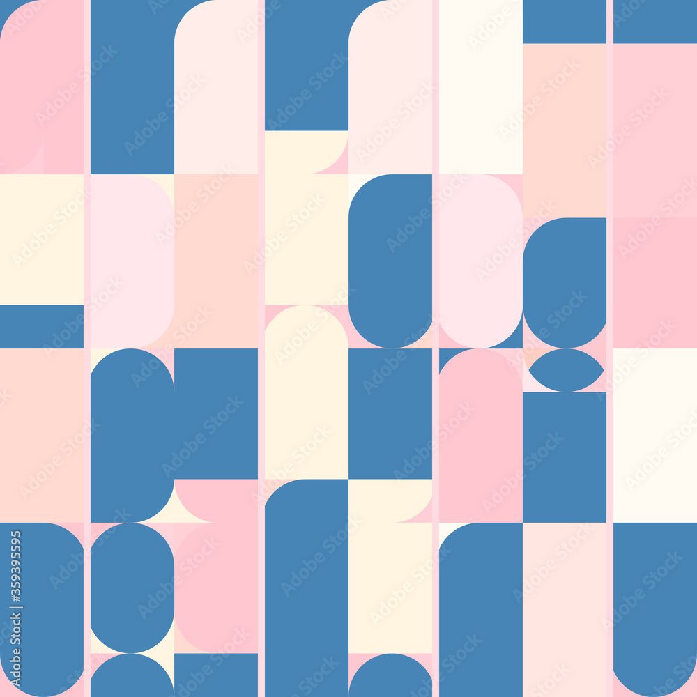Poster Modern vector abstract seamless geometric pattern with semicircles, circles ,squares and lines in retro scandinavian style. Illustration with geometric figures. Design background for invitation, 