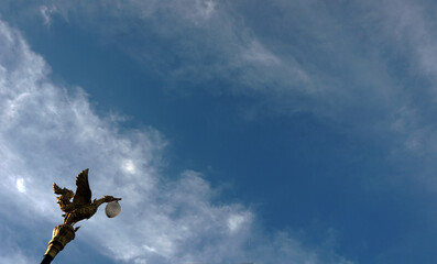 Looking at the cement head of a swan  electric pole