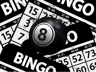 Number 8 black bingo ball over black bungo cards