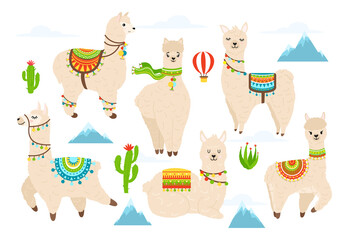 Vector set of cute alpaca and llama witn cactuses, mountains, balloon and clouds. Cartoon llama character illustration elements for poster, greeting, birthday card. Beautiful illustration of llama.