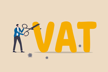 Government money policy to cut VAT or reduce tax rate to help economic recovery after COVID-19 Coronavirus pandemic, government, FED and central bank using scissors to cut or lower VAT rate.