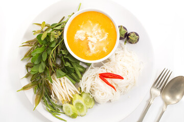 Rice noodle with crab paste and vegetables Southern Thai food