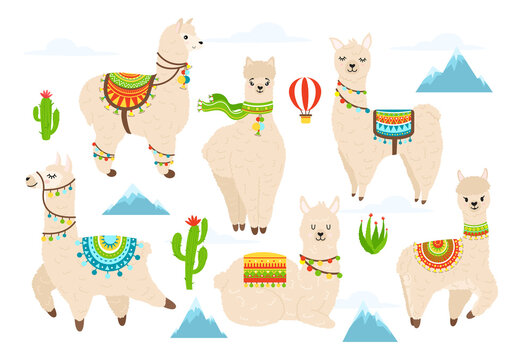 Vector set of cute alpaca and llama witn cactuses, mountains, balloon and clouds. Cartoon llama character illustration elements for poster, greeting, birthday card. Beautiful illustration of llama.