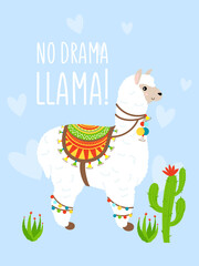 Vector Illustration of cute cartoon lama alpaca with cactus. Childish print for fabric, t-shirt, poster, cards, invitations, cases, patch and stickers. Lama isolated on blue background with heart.