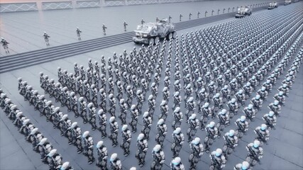 invasion of military robots. Dramatic apocalypse super realistic concept. Future. 4k animation.