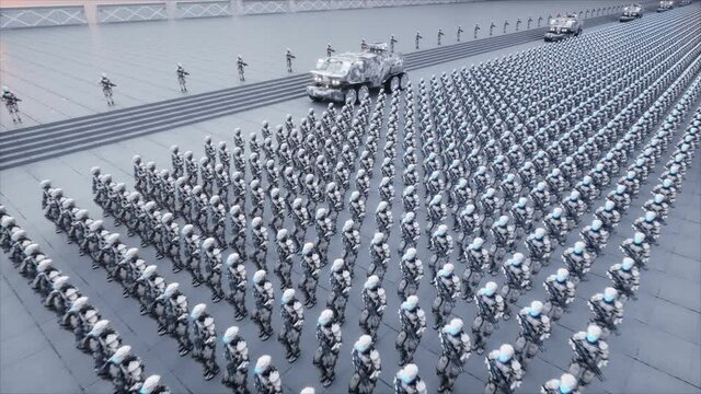 invasion of military robots. Dramatic apocalypse super realistic concept. Future. 4k animation.