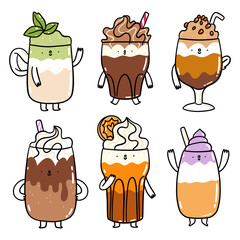 Different types of coffee drinks, cartoon characters vector set