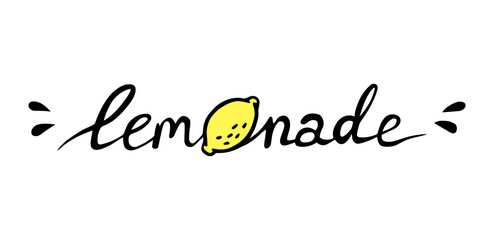 Vector lettering Lemonade with lemon and juicy drops. Black and yellow isolated on white background