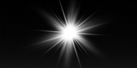 White glowing light explodes on a transparent background. with ray. Transparent shining sun, bright flash. Special lens flare light effect.