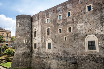 Fototapeta na wymiar Facade of Bear Castle in historic part of Catania city on east coast of Sicily, Italy