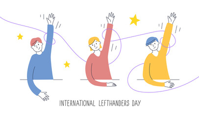 Happy Left-handers Day greeting card. Congratulate your lefty friend. August 13, International Lefthanders Day. Children rise left hands proudly, support and unity concept. Vector illustration