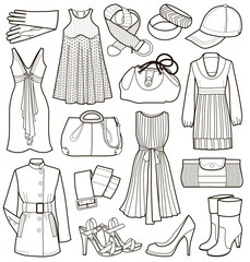 Collection of fashionable women's clothes isolated on white (vector illustration coloring book)
