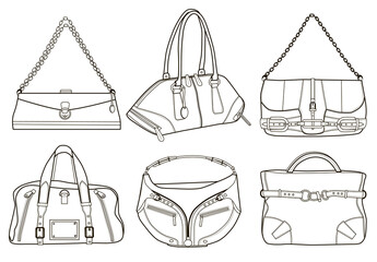 Collection of fashion women's bags (vector illustration coloring book).