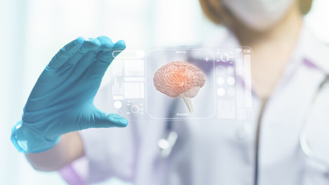 Doctor hand hold transparent tablet display showing brain in screen