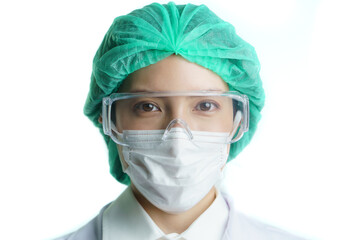 Female doctor in the protective equipment and masks looking for a cure for disease on white...