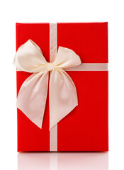 Red gift box with white ribbon bow isolated on white background. Top view.