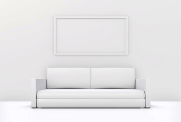 White minimalist living room with sofa and frame. 3D illustration