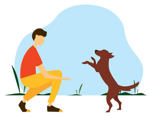 Man playing with a dog in the Park. Cute vector illustration in flat style.