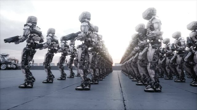 invasion of military robots. Dramatic apocalypse super realistic concept. Future. 4k animation.