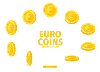 Euro sign golden coins isolated on white background. Set of flat icon design of coin with symbol at different angles.