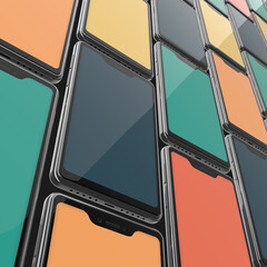 Wall of smartphones with colorful pastel screens - abstract 3d illustration