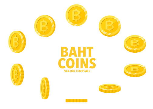 Thai Baht sign golden coins isolated on white background. Set of flat icon design of coin with symbol at different angles.