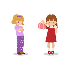 A kid showing off her new bag to her friend. Girl feeling envious and upset because of her friend's attitude. Flat style cartoon isolated on white background. 