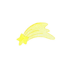Watercolor illustration. Cartoon comet with a yellow tail. Illustrations for children